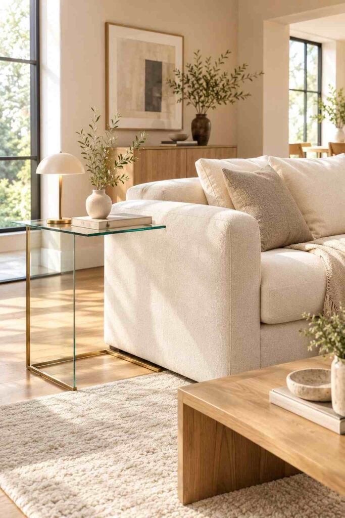 Modern black metal side table beside a beige sofa with warm wood and neutral decor.