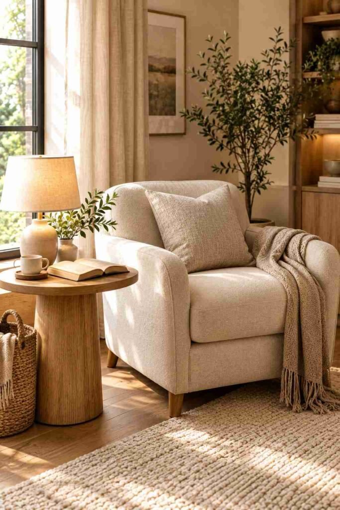 Glass side table with brass legs beside a cream sofa in a bright living room.