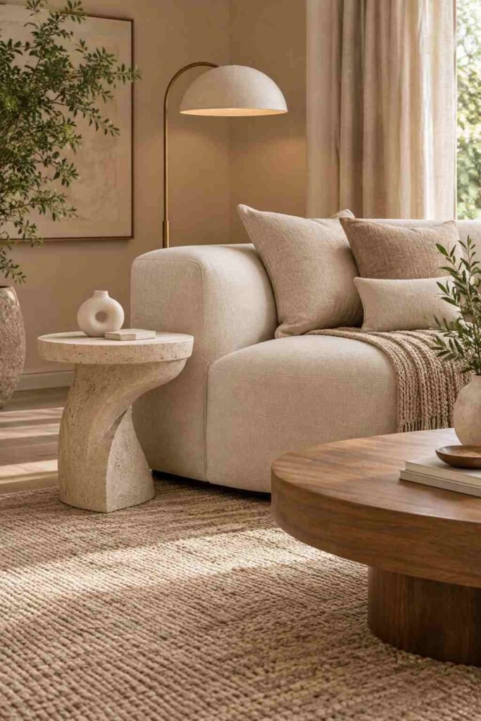 Sculptural stone side table with curved base beside a simple cream sofa.