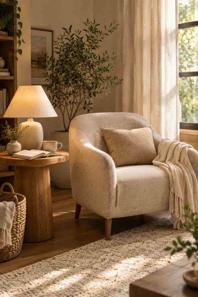 Cozy accent chair paired with a small wood side table, lamp, book, and ceramic mug.