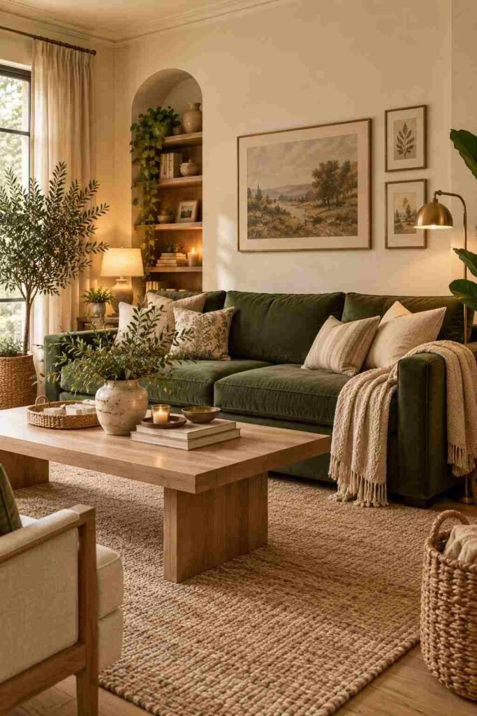 Green couch styled against cream walls with beige textiles and natural wood furniture.