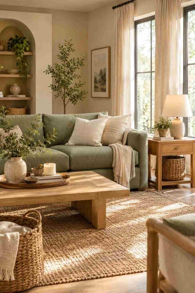 Sage green sofa with natural oak furniture, jute rug, linen cushions, and plants.
