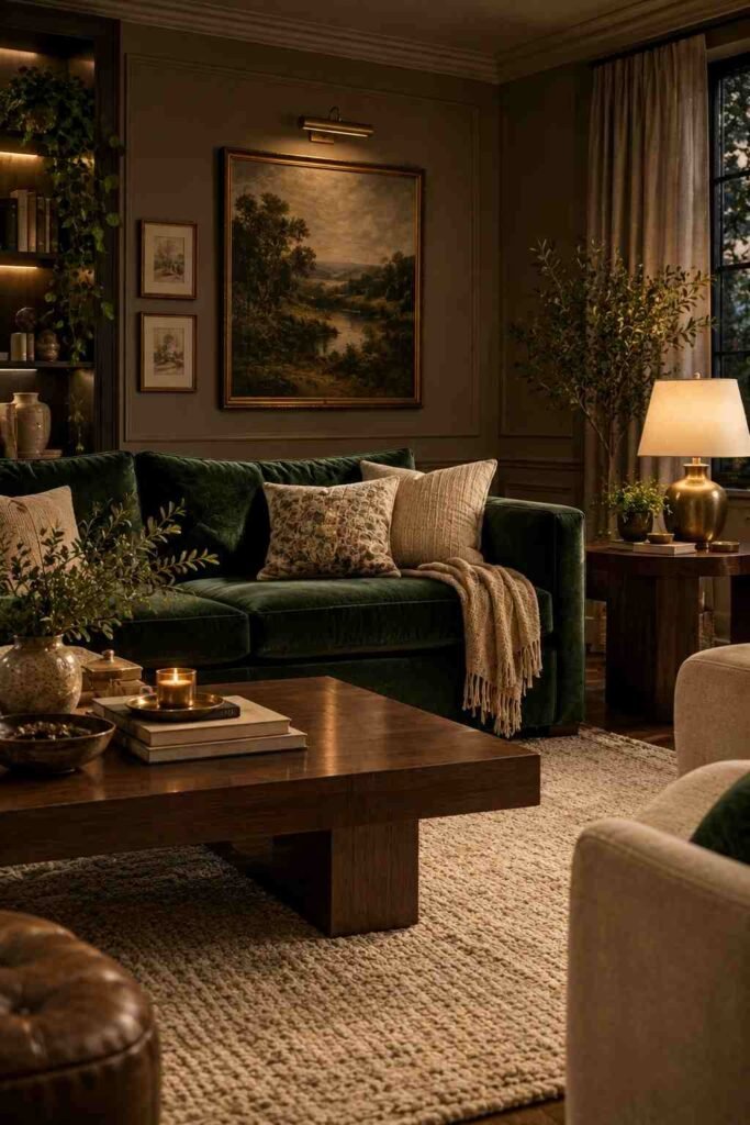 Moody living room with emerald green velvet couch, taupe walls, walnut furniture, and warm lighting.
