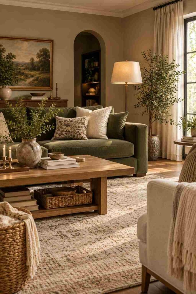Olive green couch anchored by a large neutral textured rug and natural wood coffee table.
