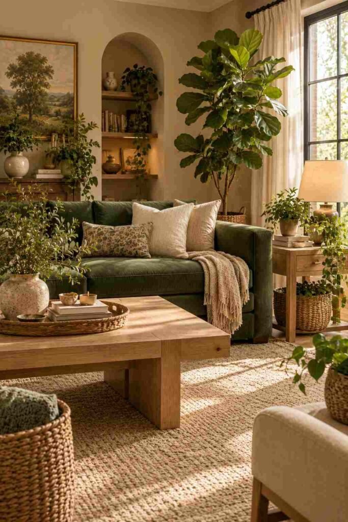 Green sofa living room surrounded by leafy indoor plants and natural wood accents.