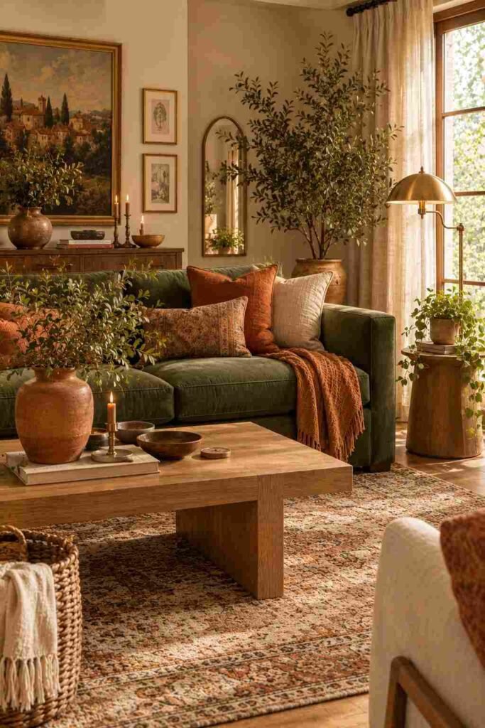 Olive green sofa styled with terracotta pillows, natural wood, ceramics, and warm neutral decor.