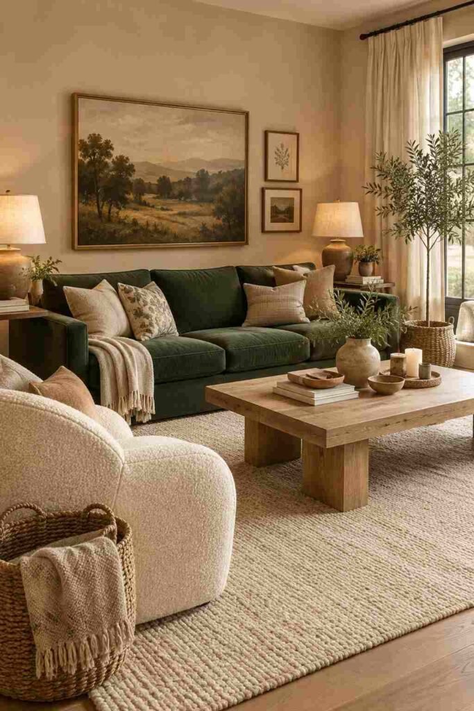 Forest green couch surrounded by beige, ivory, natural wood, and soft neutral textures.