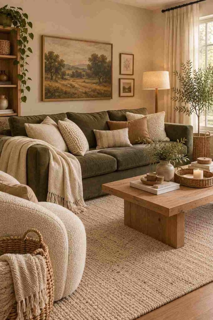 Green couch decorated with layered beige and cream pillows and a soft neutral throw.