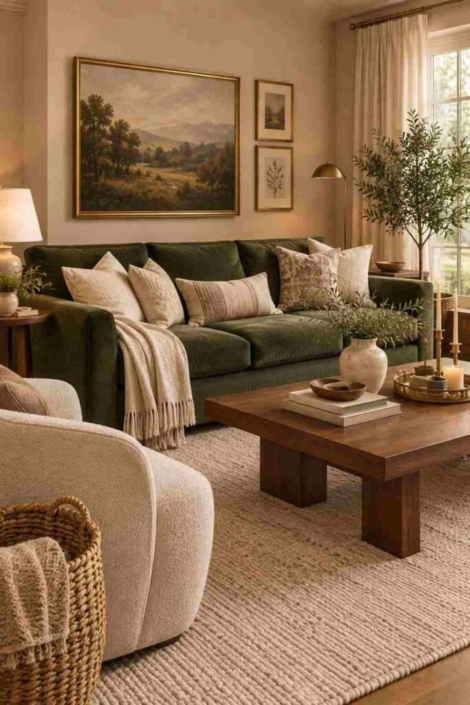 Deep green couch paired with a warm walnut coffee table and neutral living room decor.