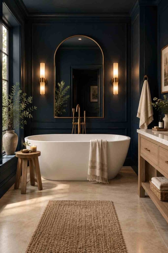 Dark blue bathroom with deep navy walls, white bathtub, light flooring, natural wood details, and warm brass fixtures.