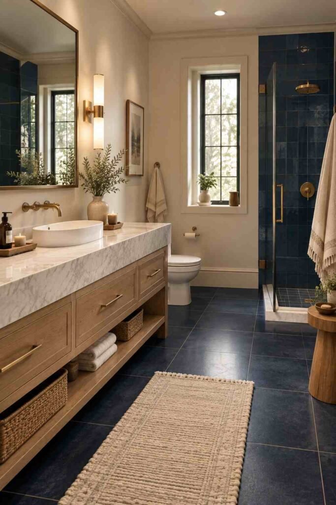 Modern bathroom with large dark blue floor tiles, cream walls, white marble vanity, gold fixtures, and warm neutral decor.