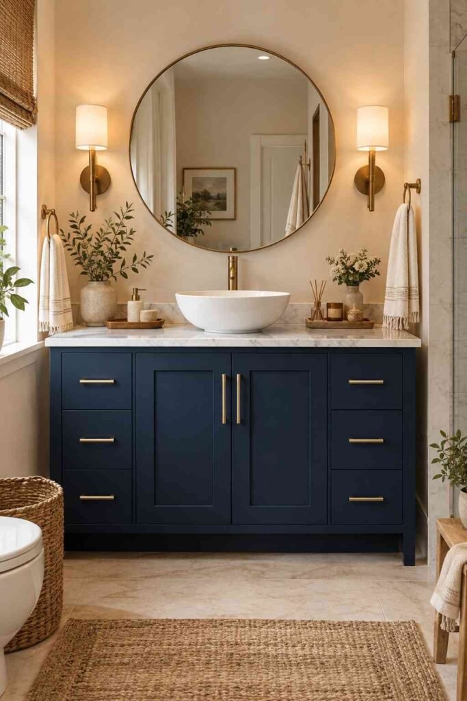 Elegant bathroom with a dark blue vanity, white marble countertop, brass handles, round mirror, and warm wall lighting.