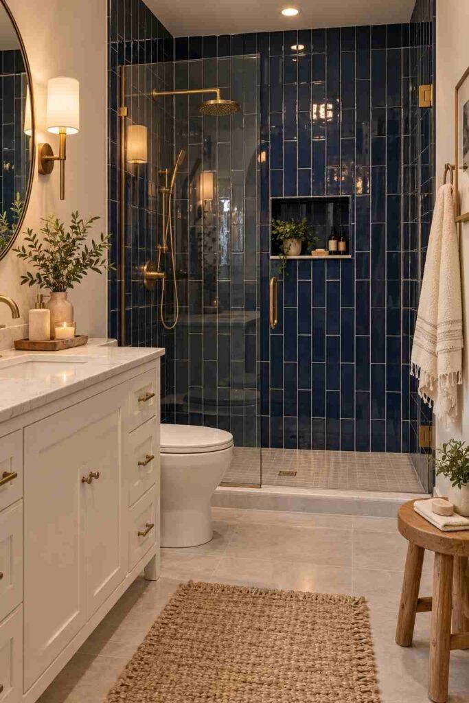 Modern bathroom with vertically installed dark blue subway tiles, light grout, glass shower, brass fixtures, and wood accents.