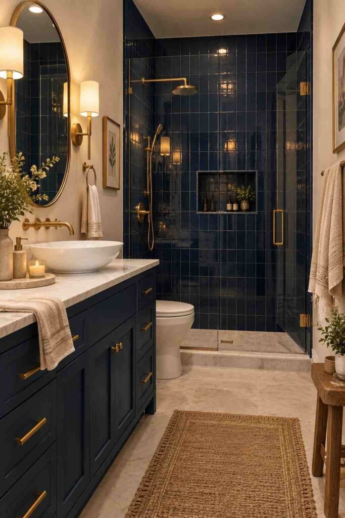 Luxurious dark blue bathroom with navy walls, brushed gold fixtures, gold mirror, white marble, and warm lighting.