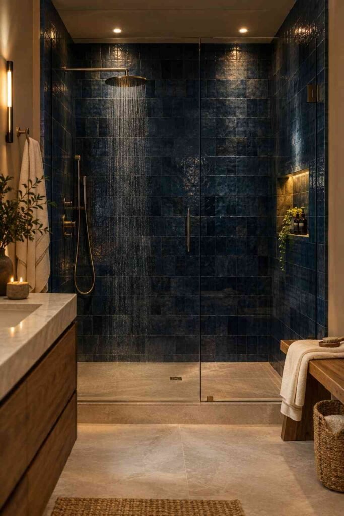 Moody dark blue walk-in shower with midnight blue textured tiles, clear glass doors, rainfall showerhead, and warm lighting.