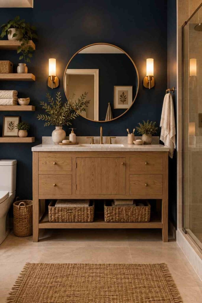 Warm dark blue bathroom with a navy accent wall, light oak vanity, woven baskets, cream towels, and natural wood textures.