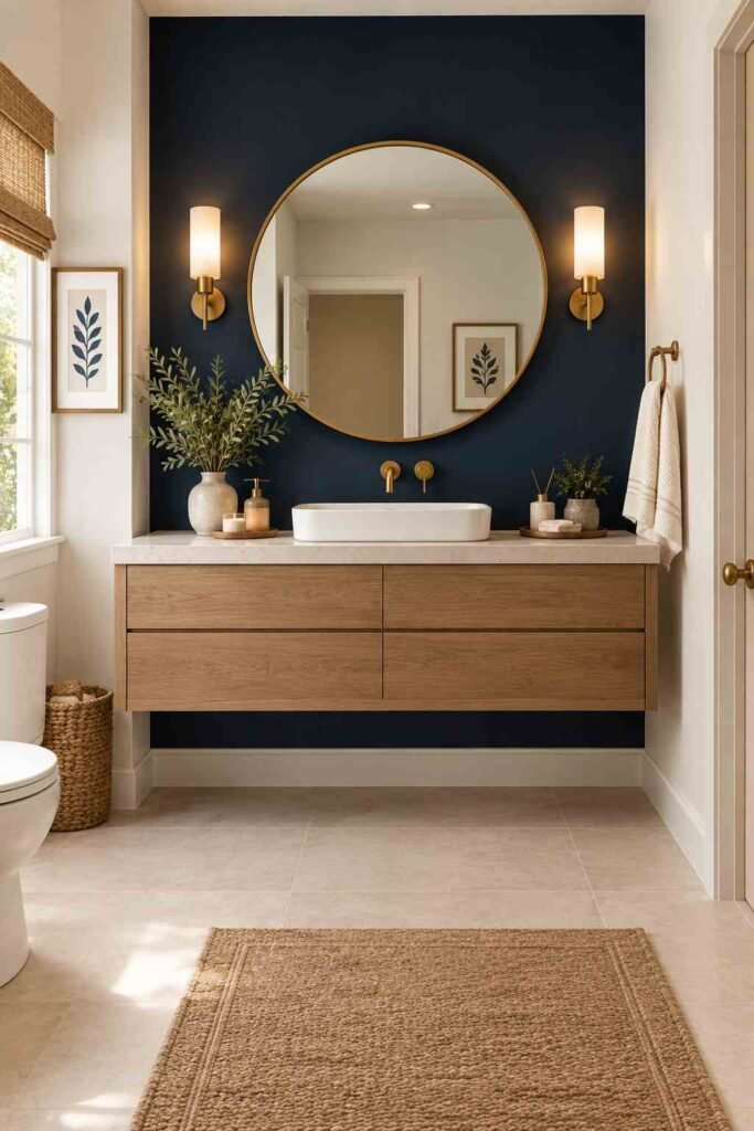 Bright bathroom with a deep dark blue accent wall, floating vanity, round mirror, brass faucet, and soft warm lighting.