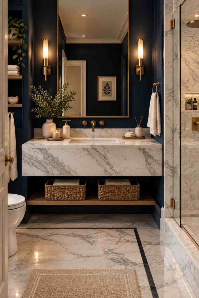 Elegant dark blue bathroom with rich navy walls, white marble vanity and surfaces, brass fixtures, and warm lighting.