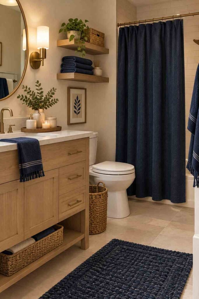 Neutral bathroom styled with dark blue towels, navy shower curtain, textured blue rug, woven baskets, wood, and cream decor.