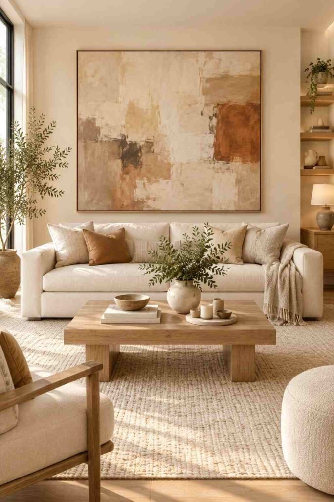 Large neutral abstract artwork above a cream sofa creating an elegant focal point in a modern living room.
