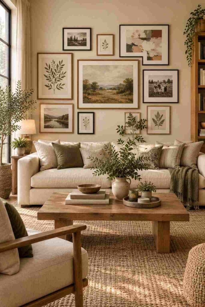 Warm gallery wall with mixed artwork, botanical prints, black and wood frames above a neutral living room sofa.
