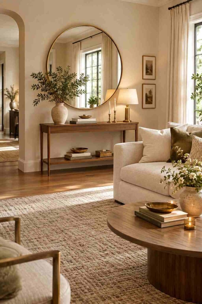 Large round brass mirror above a wooden console adding light and elegance to a neutral living room.
