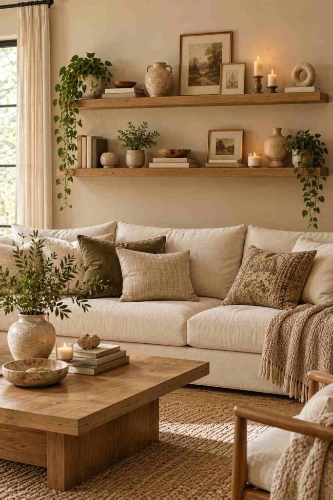Oak floating shelves styled with ceramics, books, artwork, and greenery above a cozy neutral living room sofa.
