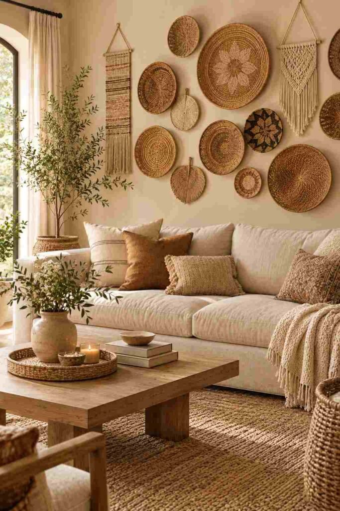 Woven baskets and natural fiber wall decor adding texture and warmth to a neutral living room.
