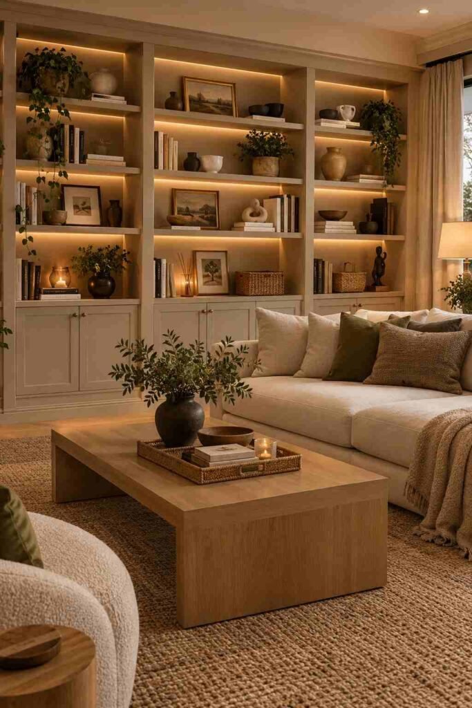 Soft beige built-in shelves styled with books, ceramics, art, greenery, and warm integrated lighting.
