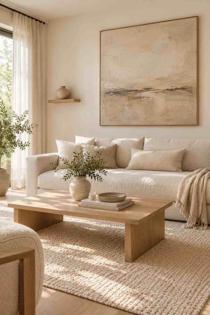 Minimalist living room with one oversized neutral artwork, soft beige furniture, and simple natural styling.
