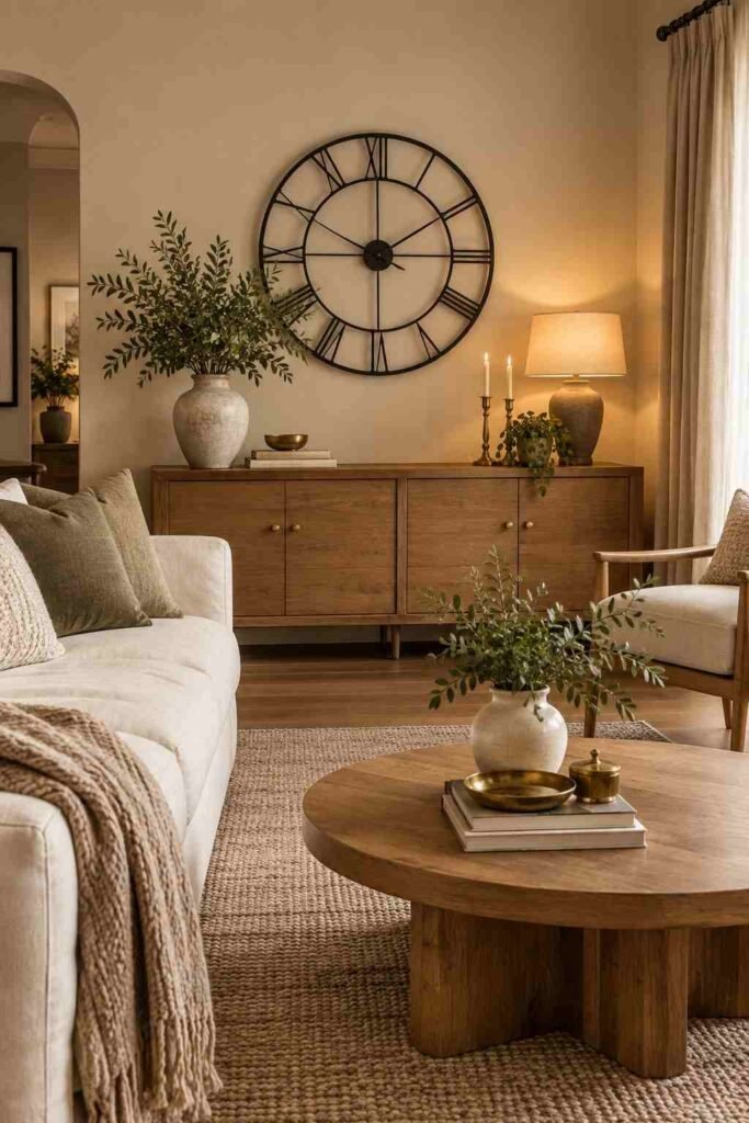 Large black decorative wall clock above a wooden console in a warm, stylish neutral living room.
