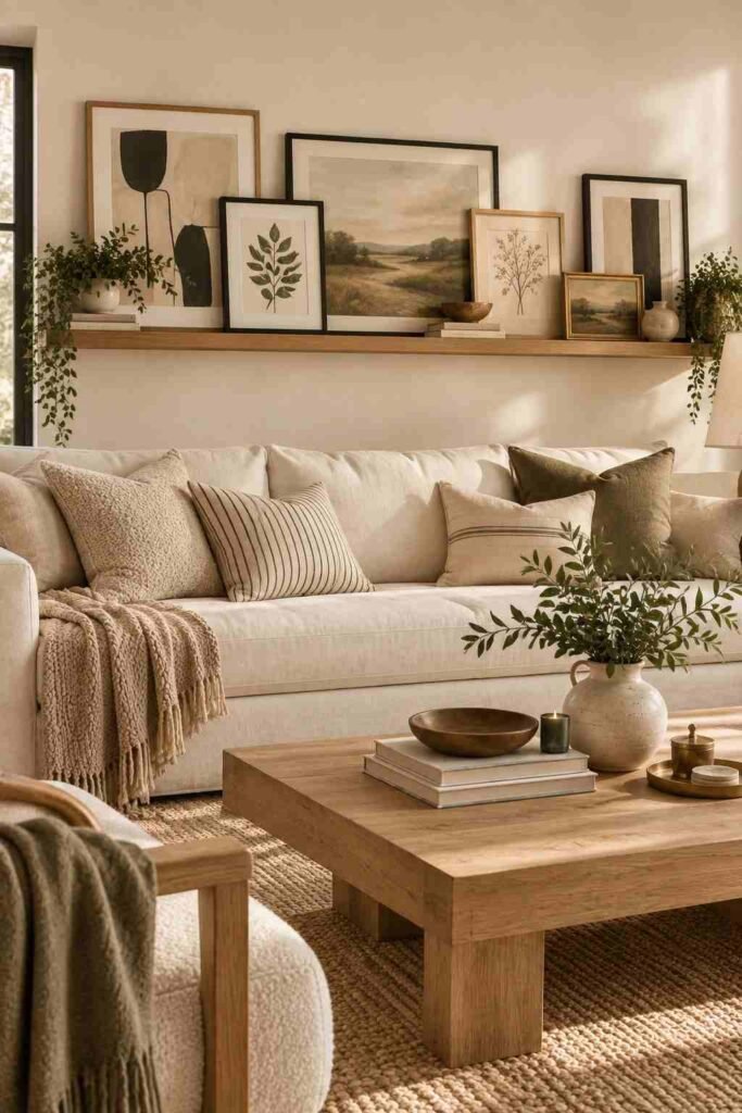 Oak picture ledge with layered framed artwork and small decor above a cream living room sofa.
