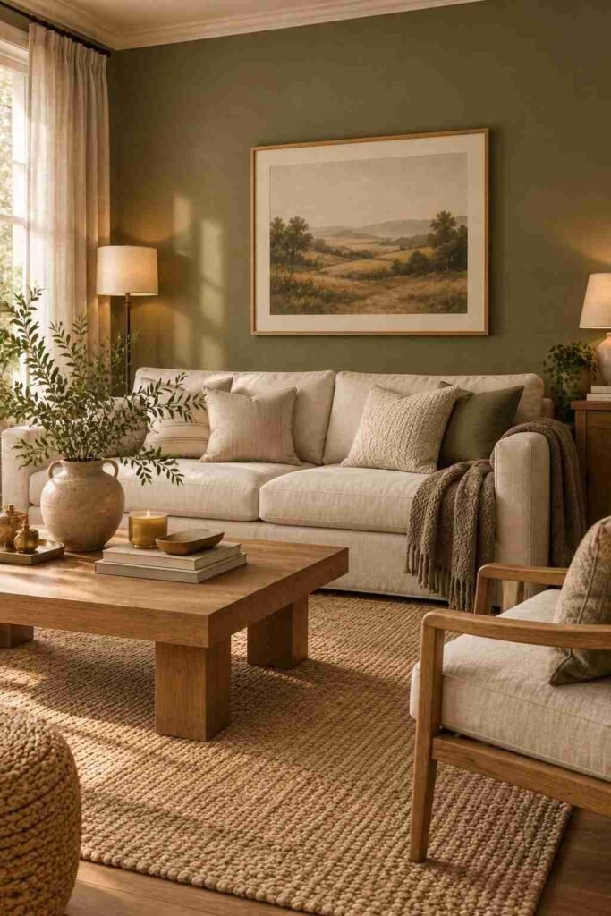 Muted olive green accent wall behind a cream sofa with warm wood furniture and soft neutral decor.
