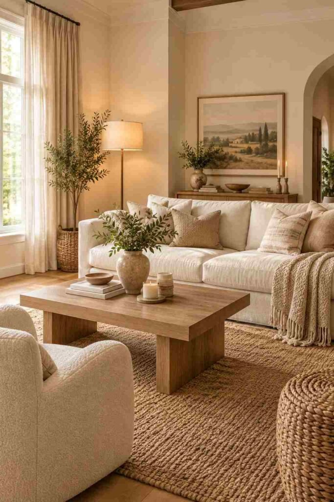 Cozy neutral living room layered with linen, knitted textiles, woven rug, and warm natural wood.

