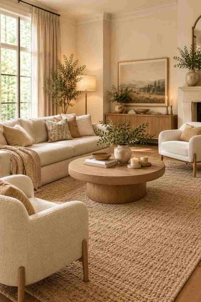 Comfortable living room seating area with cream chairs, oatmeal sofa, oak coffee table, and textured rug.
