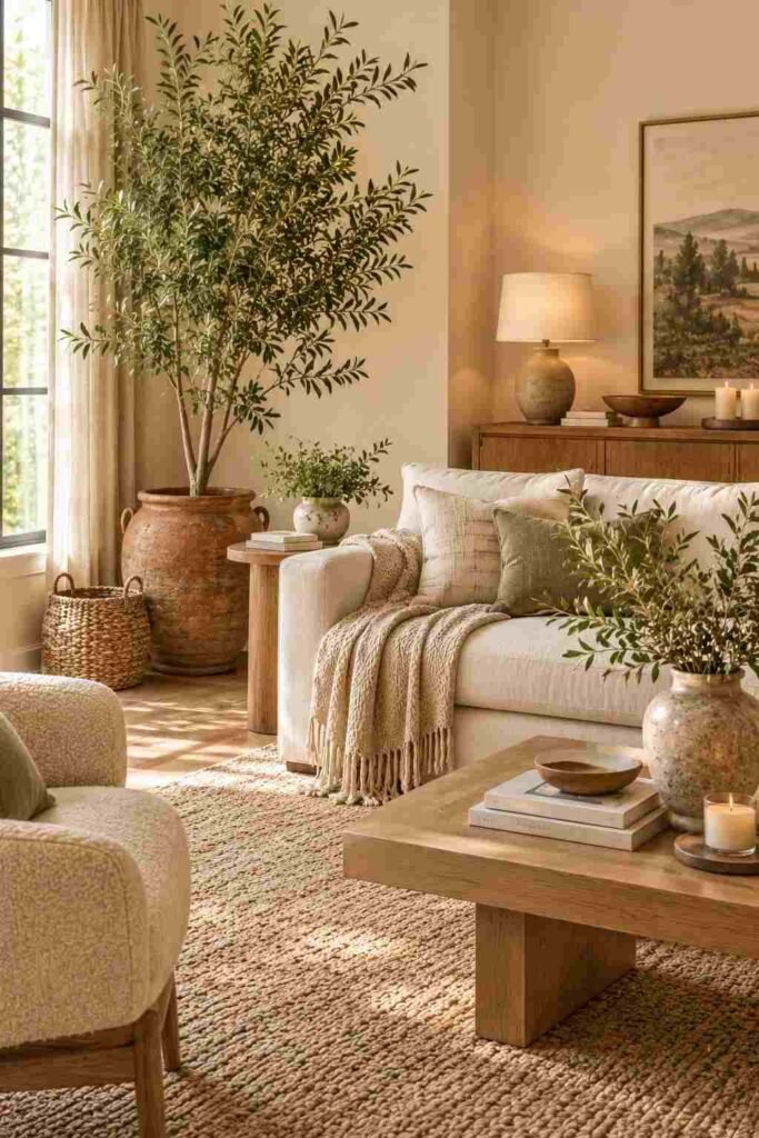 Organic living room decorated with tall leafy plants, terracotta planter, woven basket, and natural wood furniture.
