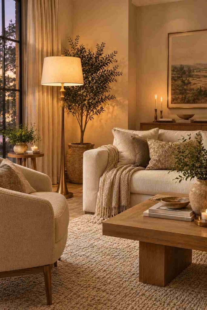 Elegant living room with a sculptural brass floor lamp beside a beige accent chair and cream sofa.

