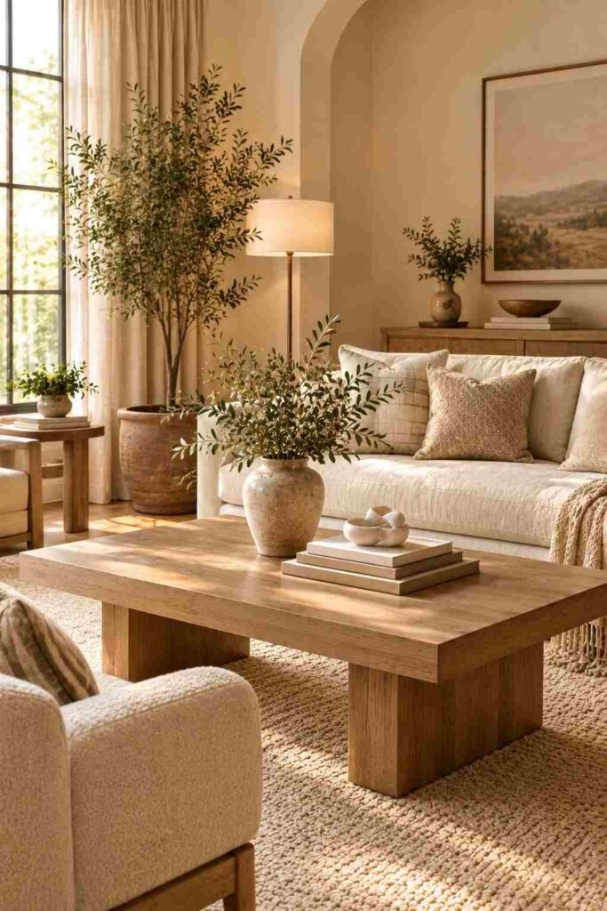 Natural oak coffee table styled with ceramics and books in a sophisticated neutral living room.
