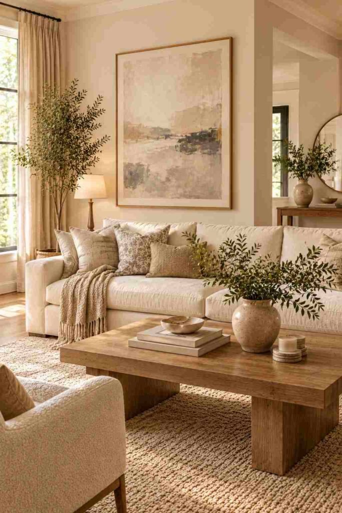 Elegant living room with oversized neutral wall artwork, wooden frame, console table, and soft natural decor.
