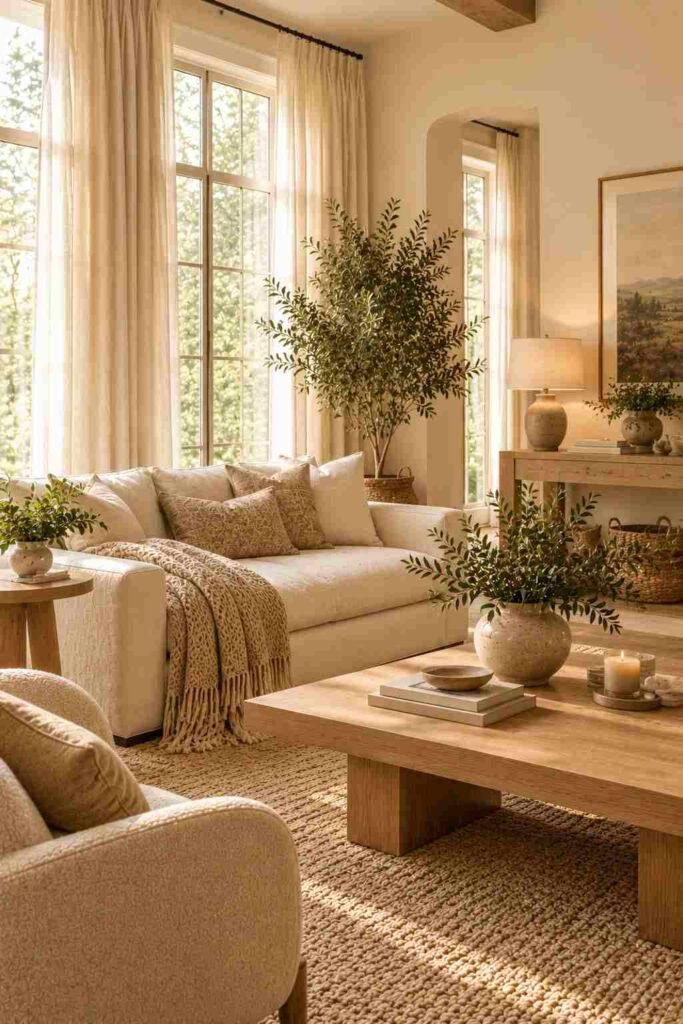 Soft neutral living room with full length linen curtains, cozy throws, textured cushions, and natural wood.
