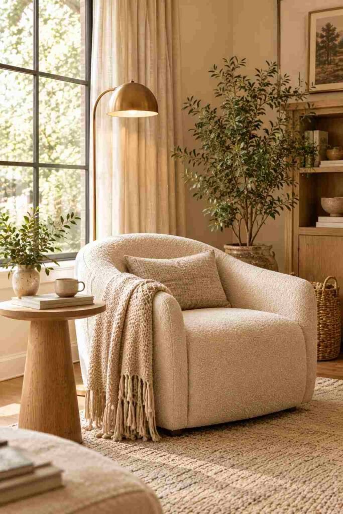 Cozy reading corner with an oatmeal accent chair, brass floor lamp, books, greenery, and natural wood table.
