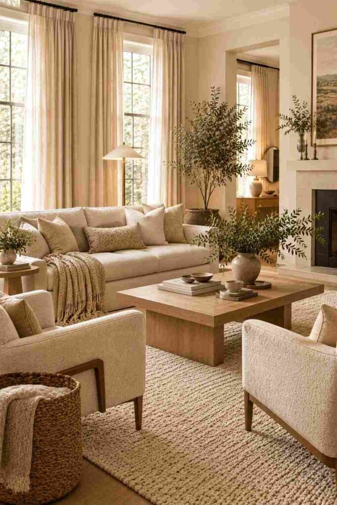 Large cream area rug connecting neutral living room furniture and creating a warm cohesive seating area.
