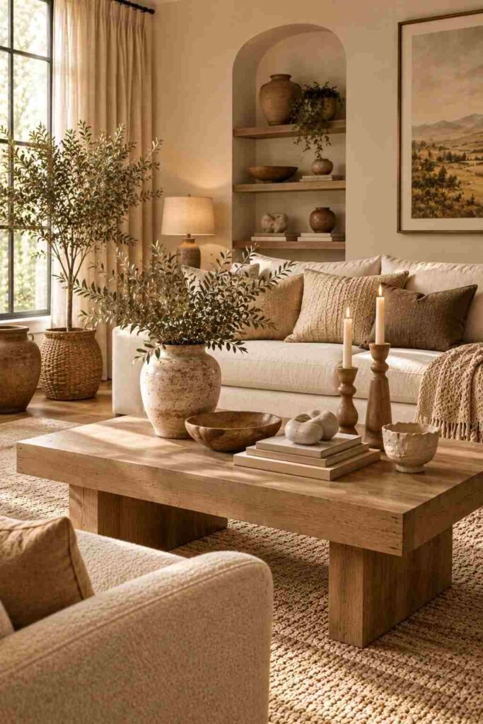 Living room decorated with handmade ceramics, woven baskets, wooden accessories, and earthy neutral tones.

