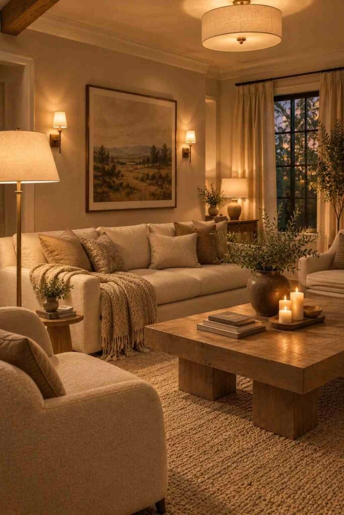 Warmly lit living room featuring floor lamps, table lamps, candles, neutral furniture, and cozy evening ambiance.
