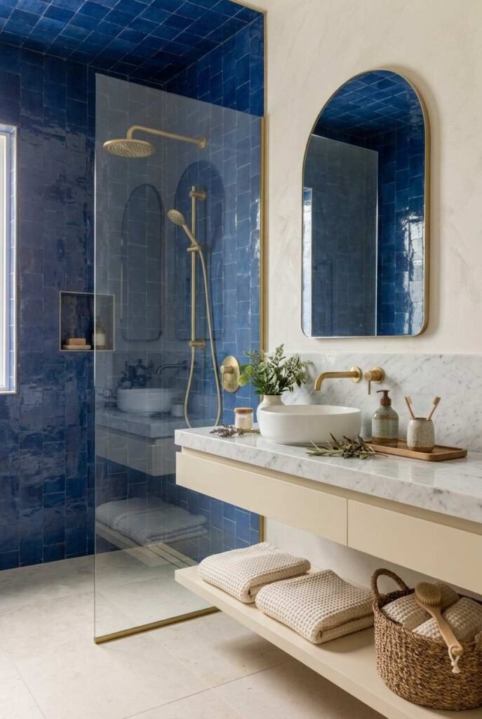 Rich blue bathroom tiles paired with white marble and brushed brass fixtures
