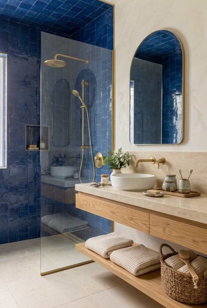  Handcrafted blue terracotta style tiles with natural wood and brass bathroom accents
