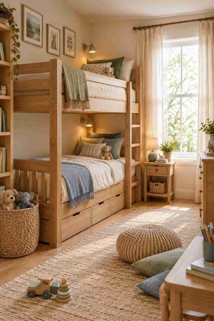 Classic wooden bunk bed with cream bedding and soft colorful accents in a cozy kids bedroom.