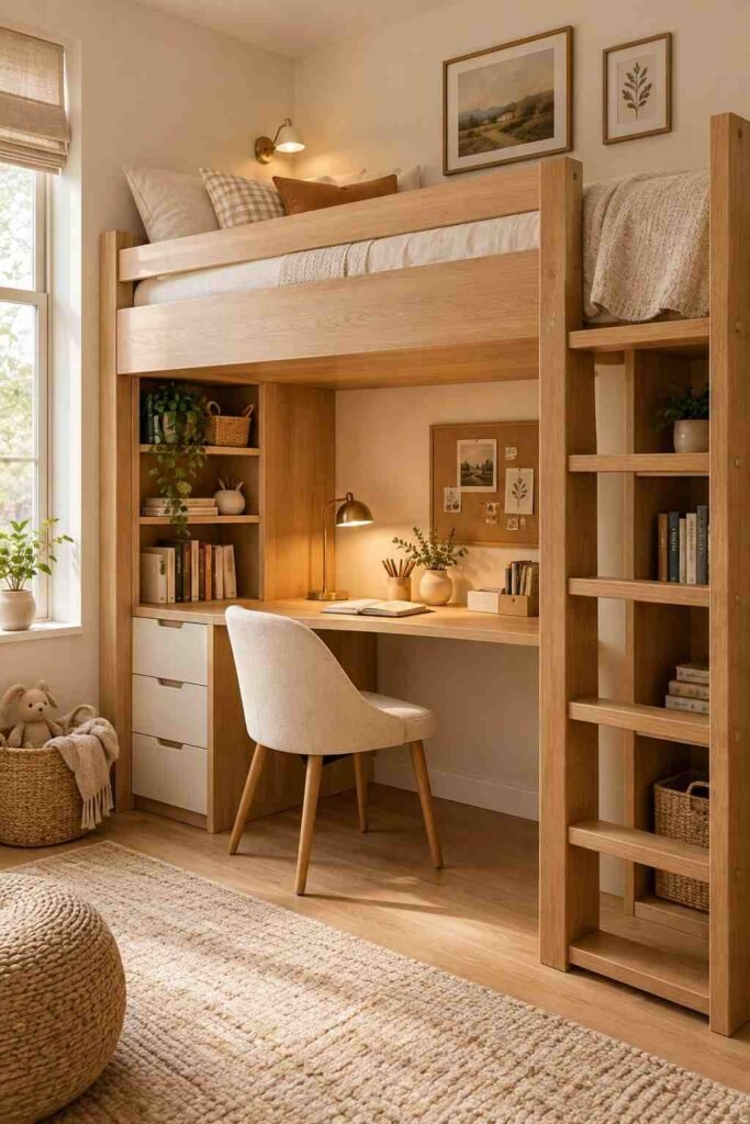 Space-saving bunk bed with a study desk, shelves, and warm task lighting underneath.