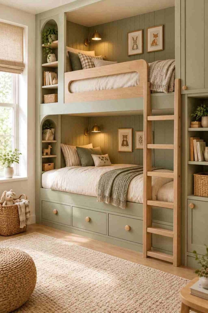 Natural wood bunk bed surrounded by soft neutral bedding and organic bedroom decor.