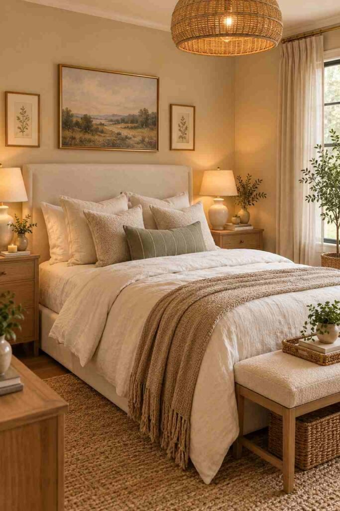 Warm beige bedroom with cream bedding, light oak furniture, woven accents, and cozy layered textures.

